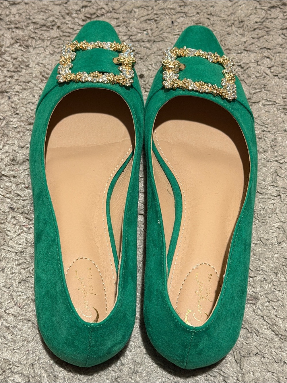 Cato Green Suede Flats with Gold Crystal Buckles